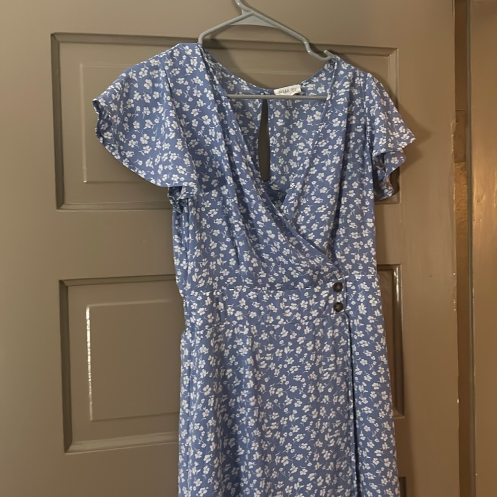 Light blue floral dress. Great for a wedding guest!